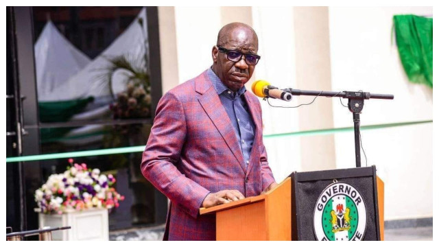 Governor Godwin Obaseki speaking at a podium during a valedictory session in Edo State, symbolizing the transition of leadership